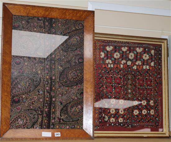 Two Indian embroidered framed fragments